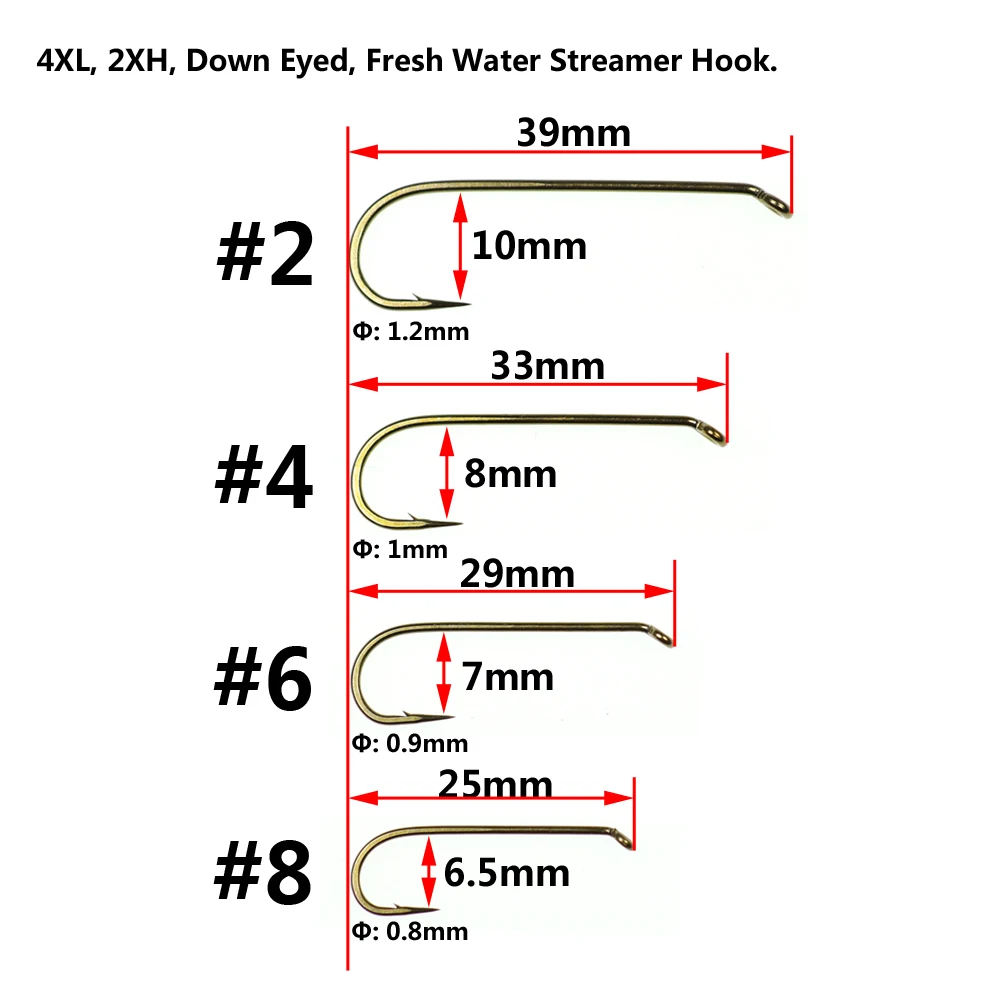 Bimoo 20 шт. 2X длинные 2XH вниз глаз пресной воды крючок под стример Размер 2 4 6 8 Wooly Bugger яйцо пиявка Муха Крючки для привязывания бронзового цвета