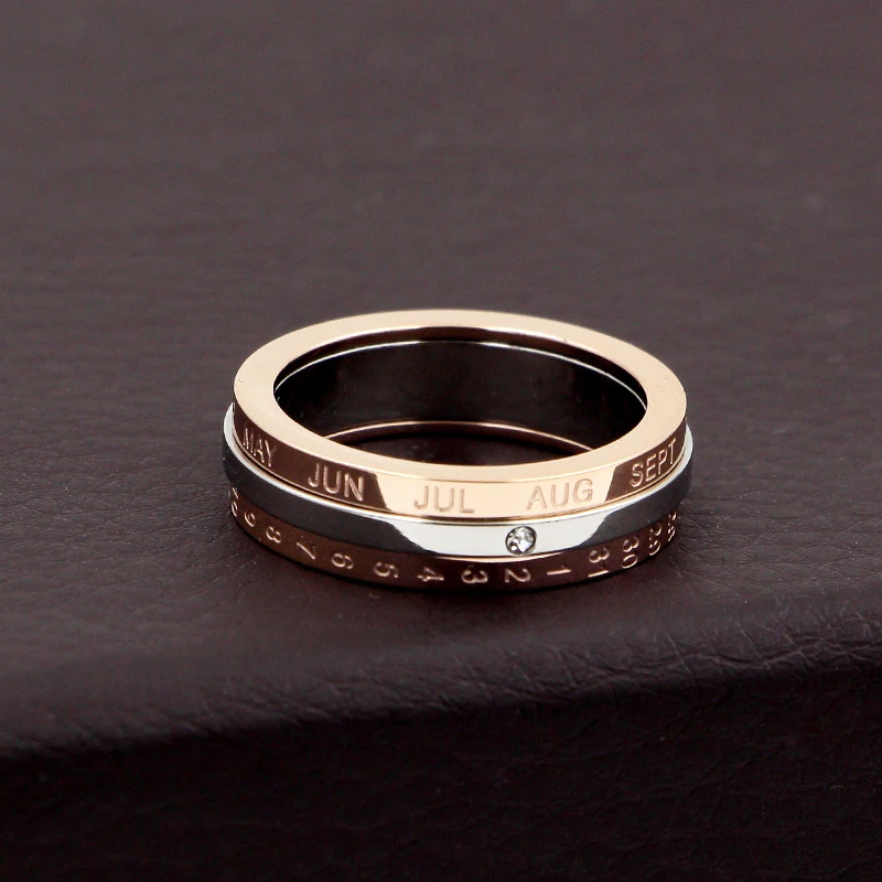 Classic Design Rotation Calendar and Date Ring Titanium Steel High Quality Rose Color Middle Silver Brand Ring Woman Jewelry
