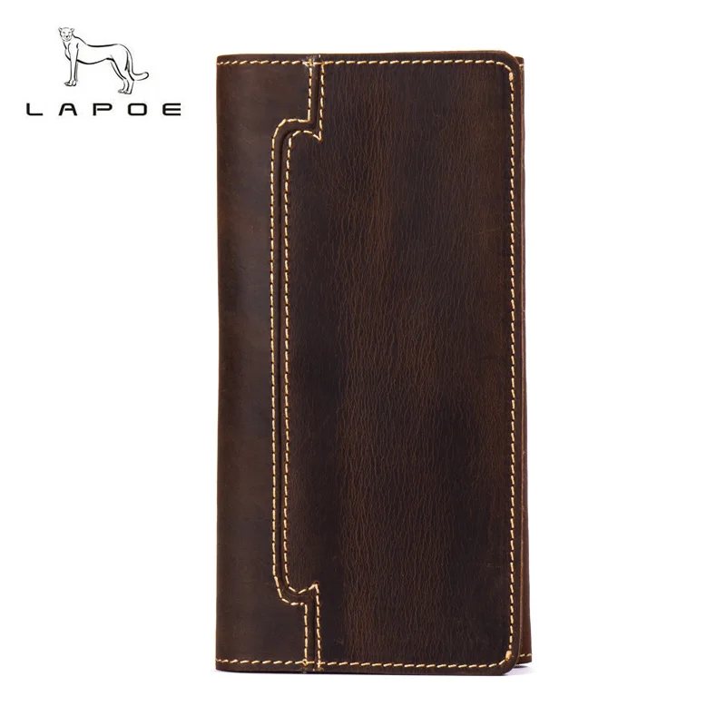 

LAPOE vintage crazy horse mens wallets leather genuine long carteira masculina couro bolso men bag multi-card billfold