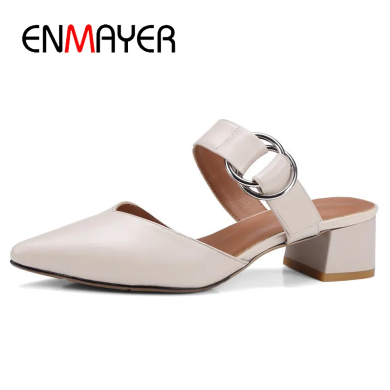 

ENMAYER Low Heels Pointed Toe Buckle Strap Summer Sandals Shoes Woman Slingbacks Shoes Size 34-40 Genuine Leather Shoes