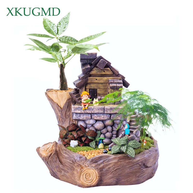 

New Succulents Flowerpots Creative Tree House Planter Imitation Wood Flower Micro Landscape Decoration and More Meat Platter Pot