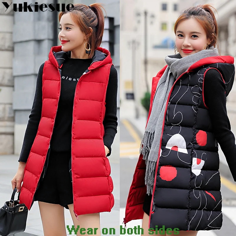 2018 Women Winter Vest Waistcoat New Women Long Vest Sleeveless Jacket Suit Collar Down Cotton Warm Vest Female 2 side to wear