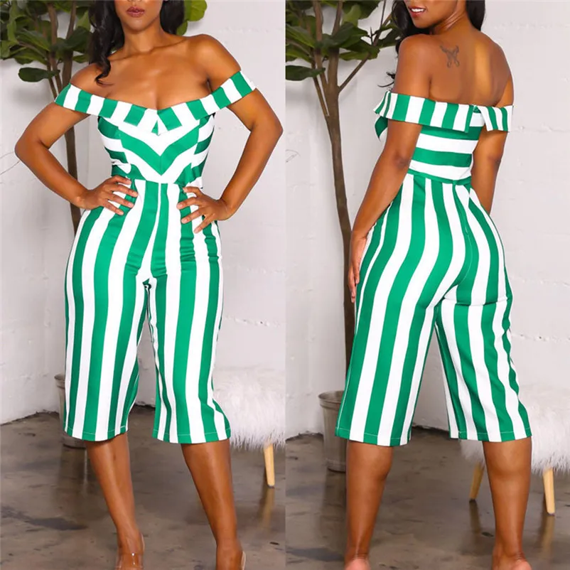 Fashion summer jumpsuit woman 2018 Sexy Off Shoulder V-Neck Striped Printed Strapless Wide-Leg Pants pantaloni siamesi Y12#N (8)
