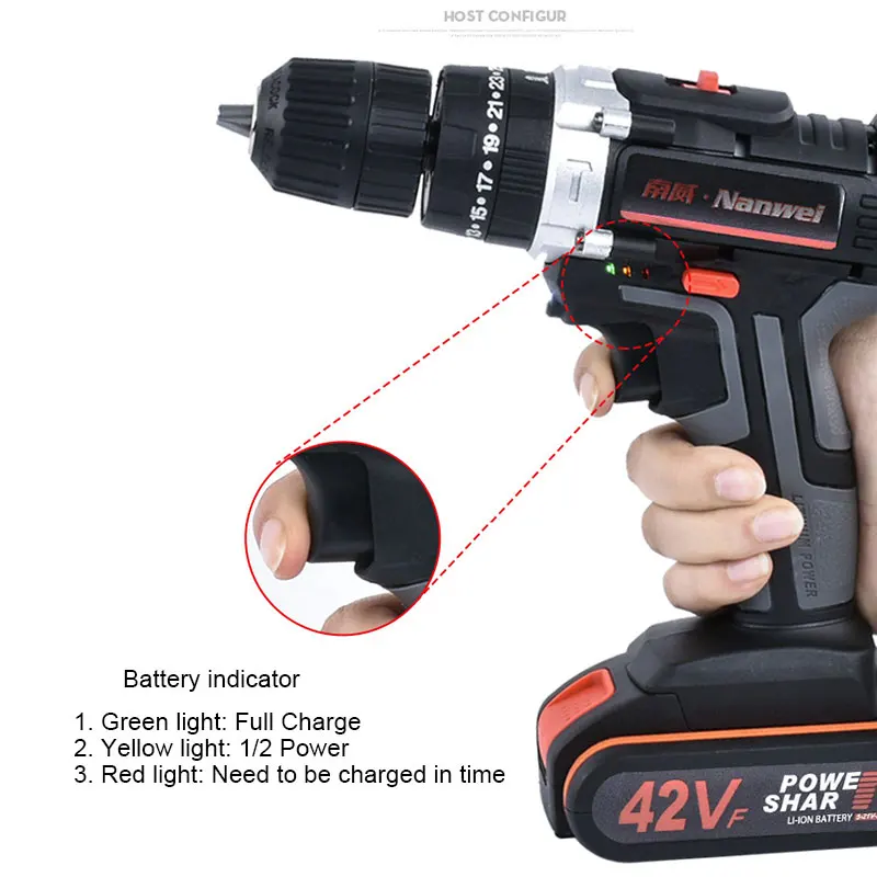 Double Speed Cordless Drill Electric Drill 2* 42V