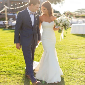 

Lace Mermaid Wedding Party Dress Sweetheart Sleeveless Backless Applique Prom Gown Vestido De Noiva White Wedding Gowns