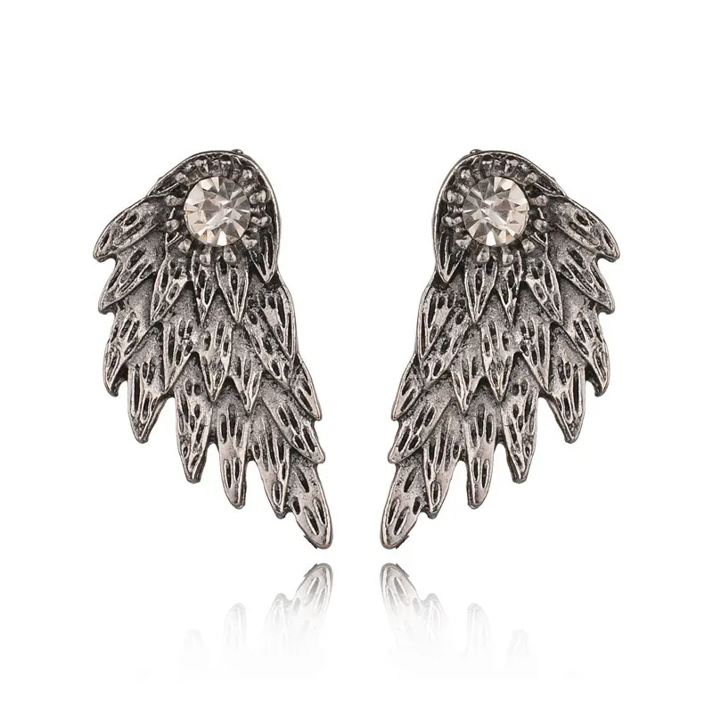 

1 Pair Rhinestone Inlaid Angel Wing Alloy Earrings Street Stylish Punk Detachable Stud Dangler High Quality Folk Glitter Eardrop