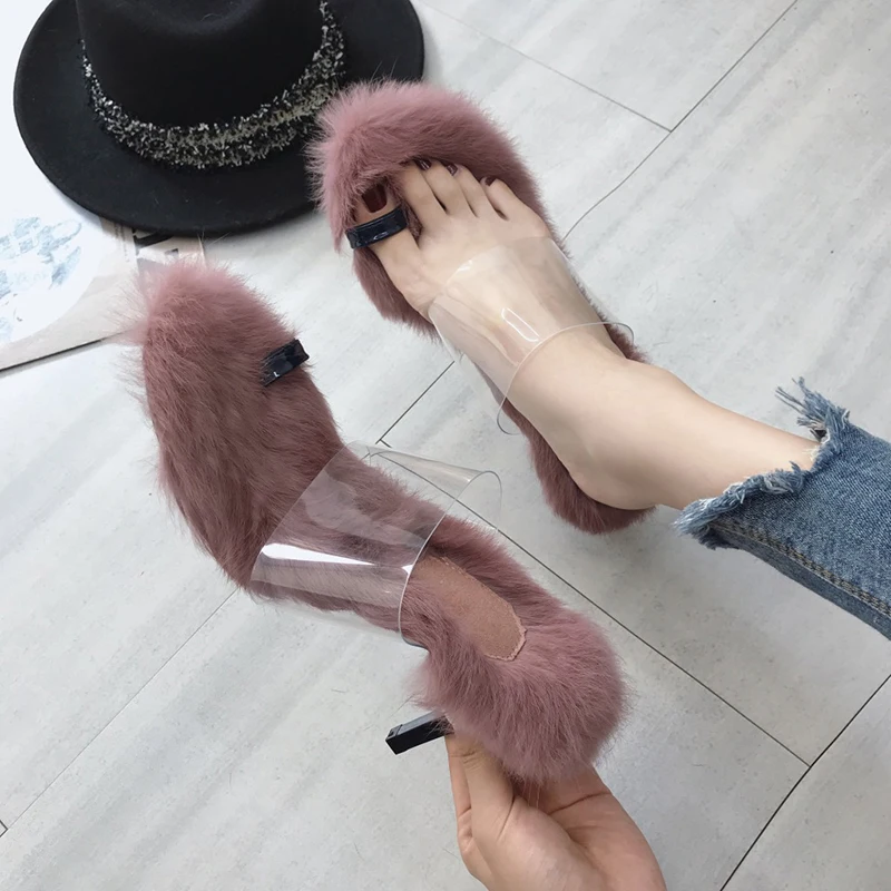 

Famous brand rabbit fur sandals women clip toe transparent band slippers ladies thin high heels furry flip flops mujer slides