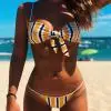 

Women Summer Striped Print Yellow Tankini Bandage Bow Swimsuit Two Pieces Brief Micro Beachwear Padded Swimwear Beach Bathing