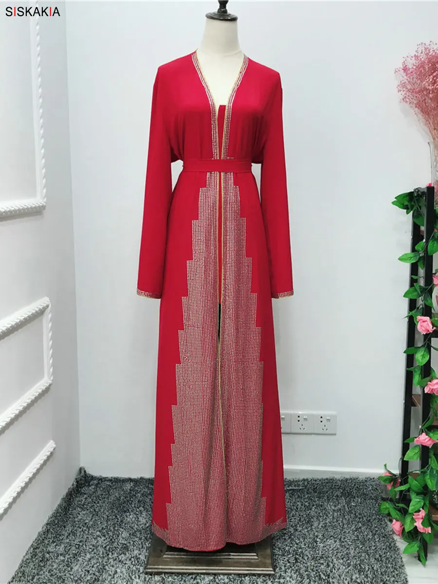 Siskakia/модный мусульманский кардиган abaya, Роскошное однотонное платье в стиле пэчворк со стразами, платье в восточном стиле, Ближний Восток