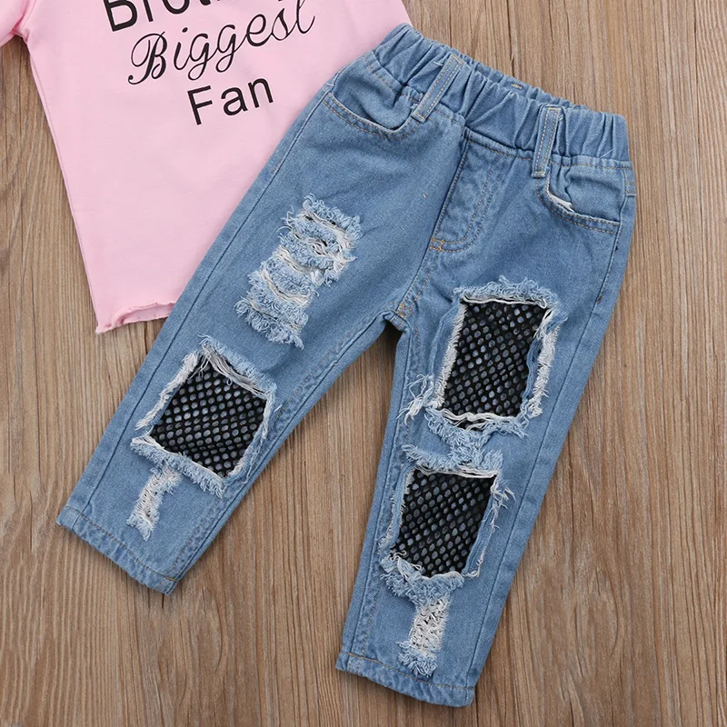 Комплект модной одежды для новорожденных девочек из 2 предметов, хлопковая футболка с короткими рукавами Топы, джинсовые штаны с сетчатыми отверстиями, джинсовая одежда, одежда