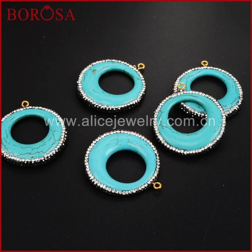 

BOROSA 5PCS Round Blue Natural How-lite Stone Charm Crystal Rhinestone Pave Zircon Howlite Druzy Charm Jewely Findings JAB541