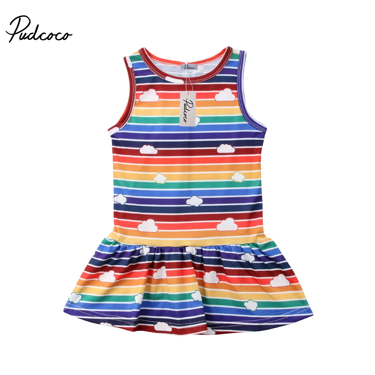 

2018 Brand New Toddler Infant Striped Kids Baby Girl 3D Cloud Cotton Sleeveless Rainbow Dress Colorful Striped Sundress 2-6T