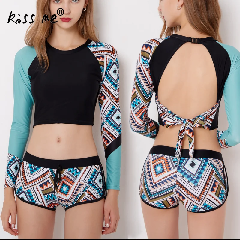 

Two Piece Swimsuit For Women Backless Rash Guards Long Sleeve Mid Waist Tankinis Bathing Suit For Girl String Tie Floral Printed
