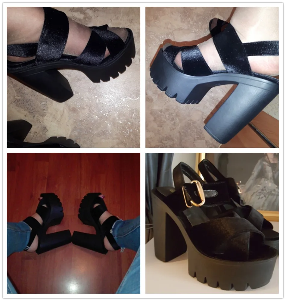 Женские летние сандалии из флока; женские босоножки на платформе; квадратный каблук; женская обувь; модная обувь с пряжкой, на высоком каблуке обувь Для женщин удобные