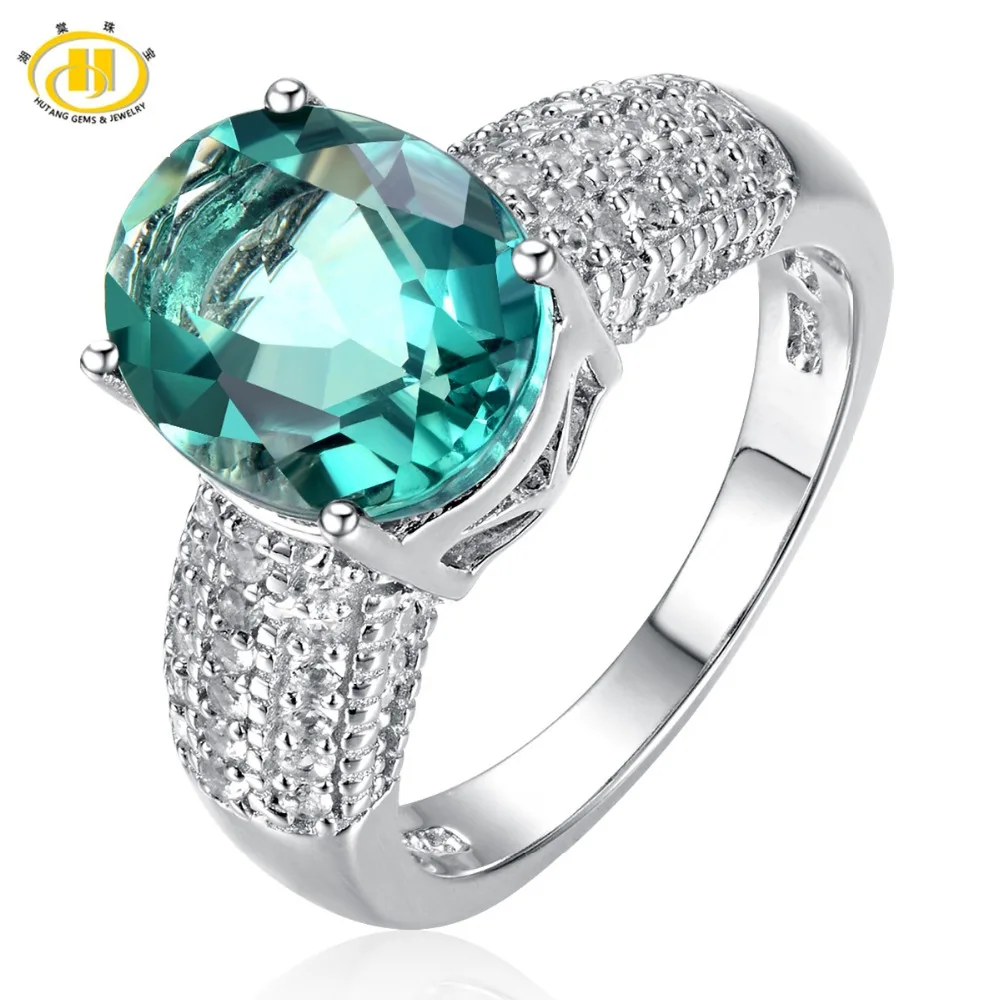 

HUTANG Cocktail Ring Natural Green Fluorite & White Topaz Solid 925 Sterling Silver Women's Rings Party Fine Gemstone Jewelry