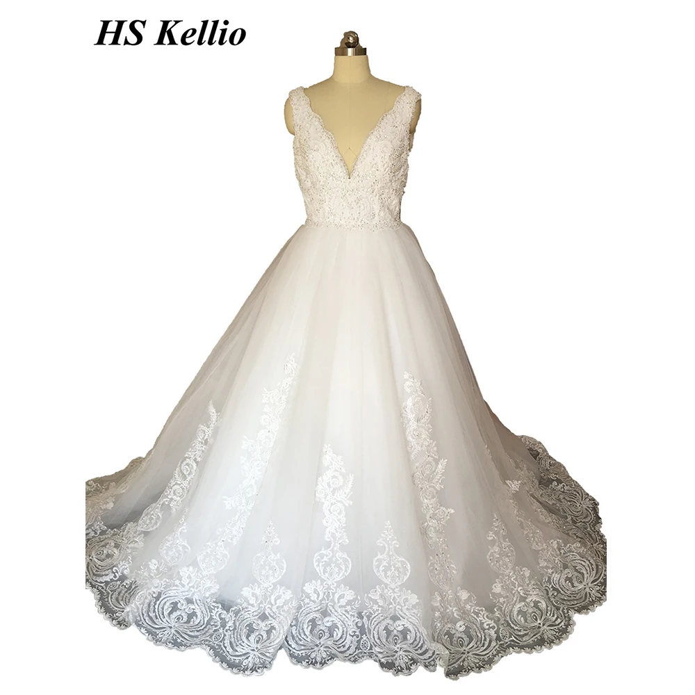 

Exquisite Beaded Bodice Deep Vneck Wedding Dress Princess 2019