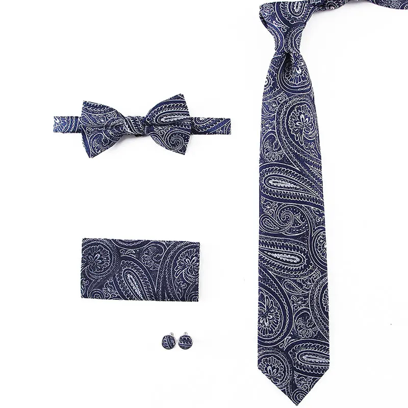 HOT 7.5cm Men Neck Tie Striped Paisley Necktie Bow Handkerchief Cufflinks Set Men's Party Wedding Pocket Square Bowtie Tie Sets - Цвет: 4PTS-029