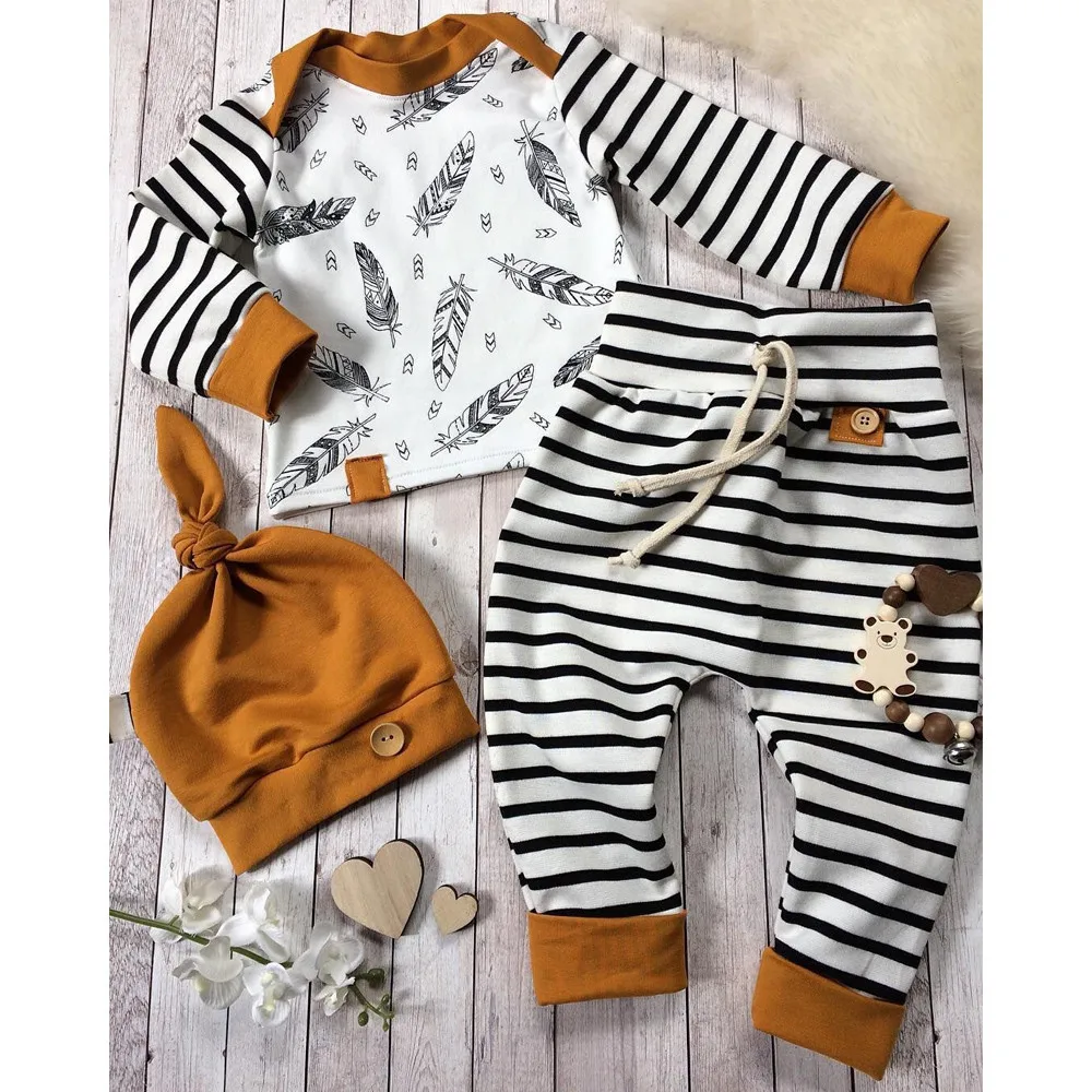 Одежда для новорожденных футболка с перьями для маленьких мальчиков и девочек топы, штаны в полоску, комплект одежды, roupa infantil6.824gg