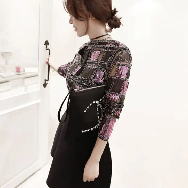 Cakucool Women Sequined Blouse Tops Mesh Blusas