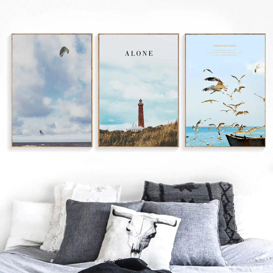 Beacon Flamingo Sea Mew Nordic Posters And Prints Wall Art Canvas Painting Landscape Wall Pictures For Living Room Home Decor
