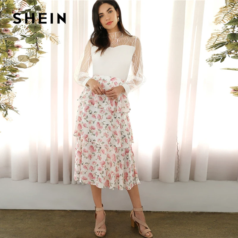 SHEIN Нарядная Юбка С Цветочным Принтом, Юбка С Оборками В Романтичном Стиле, Легкая Летняя Юбка