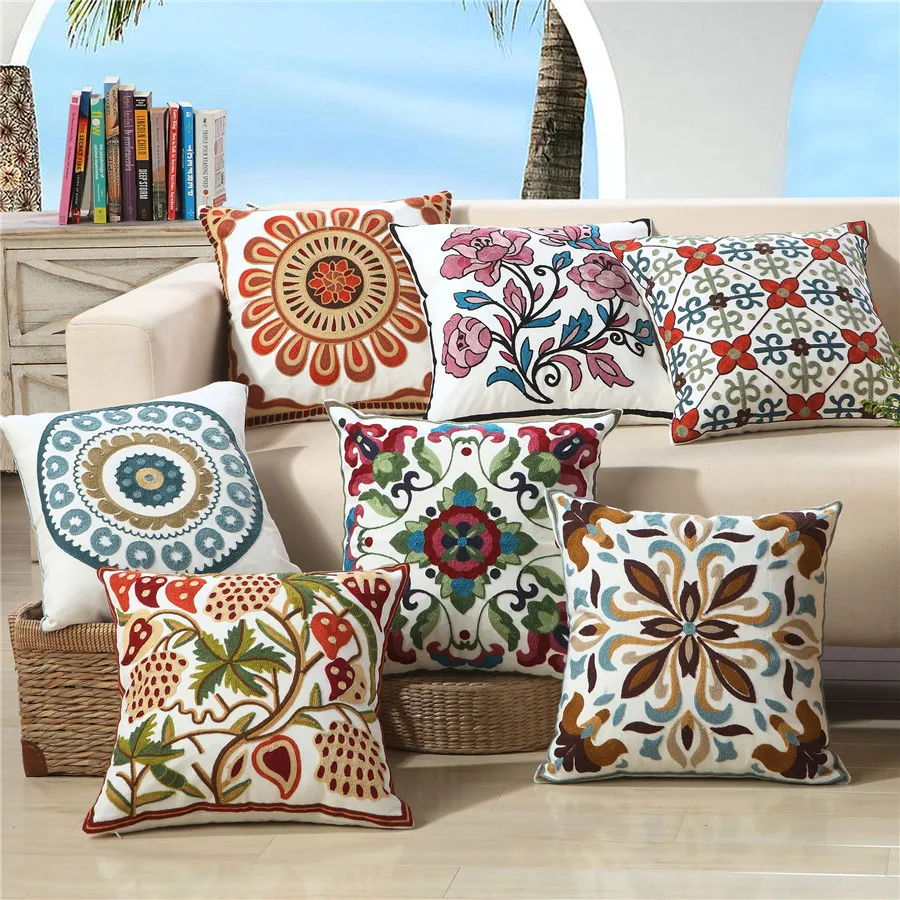 

2018 Fall Removable Cushion Cover Embroidered decorative pillows Linen&Cotton Pillow Cover National Wind Cushion cover 45x45cm