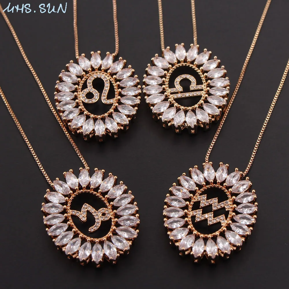 

MHS.SUN Luxury AAA Cubic Zircon Jewelry 12 Constellation Pendant Necklace Women Gold Chain Necklace Girls Jewelry Gift 1PCS