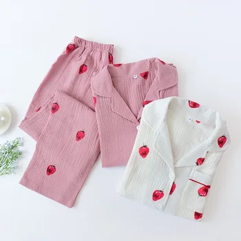 

White Pink Strawberry pajamas sets women pyjamas Spring Autumn Long sleeves 100% gauze cotton sexy korean loungewear pijamas