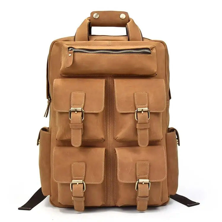 MAHEU мужской кожаный рюкзак большой емкости Solf Оригинальные кожаные рюкзаки из коровьей кожи функциональные повседневные сумки для мужчин крутой дизайн - Цвет: Yellow Brown