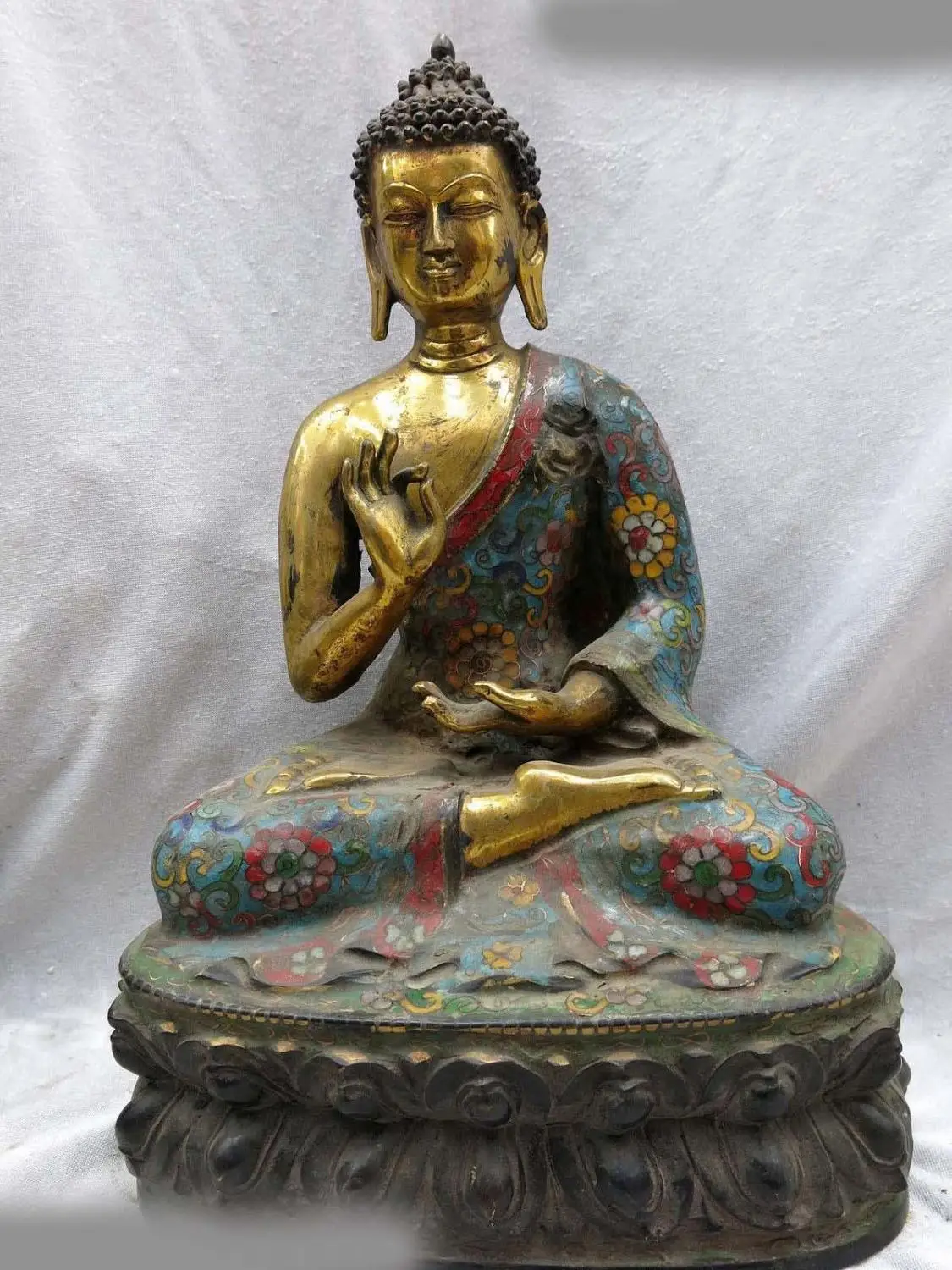 

13" China handmade bronze gild Cloisonne sculpture buddhism Sakyamuni Buddha ST