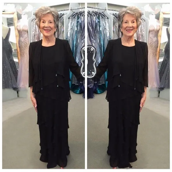 

Two Pieces 2018 Mother Of The Bride Dresses with Jacket Black Chiffon Tiered Plus Size Formal Gown For Mothers vestido de festa