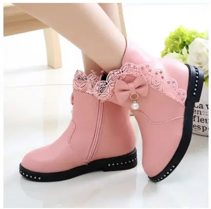 Ботинки для девочек; детская обувь; сезон осень-зима; кашемировые кожаные ботинки принцессы; Детские хлопковые ботинки с бантом; теплая обувь - Цвет: pink