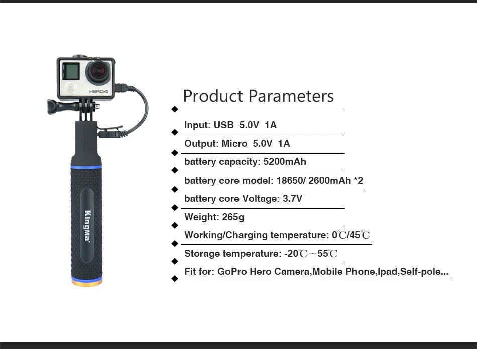 KingMa ручной Мощность рукоятка Портативный Перезаряжаемые держатель ручки Зарядное устройство для мобильного телефона GoPro session4/3/3+ XiaoMi Камера