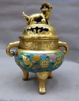 

10" China bronze gild Cloisonne censer bat Foo Dogs Lion incense burner Statue