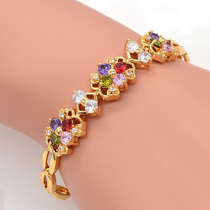 

Fashion Women Gold Color Colorful Cubic Zirconia CZ Flowers Bracelet Jewelry