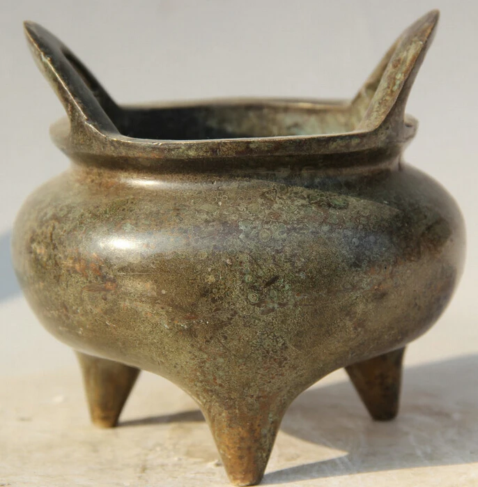 

JP S62 6" Old Marked Chinese Bronze Folk 3 Foot circular handle Incense Burner Censer