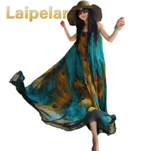 Women Sleeveless Chiffon Maxi Dress Peacock Feather Print Sash 5XL Plus Size Clothing Casual Loose Swing Tunic Long Beach Dress girls peacock feather print bow dress