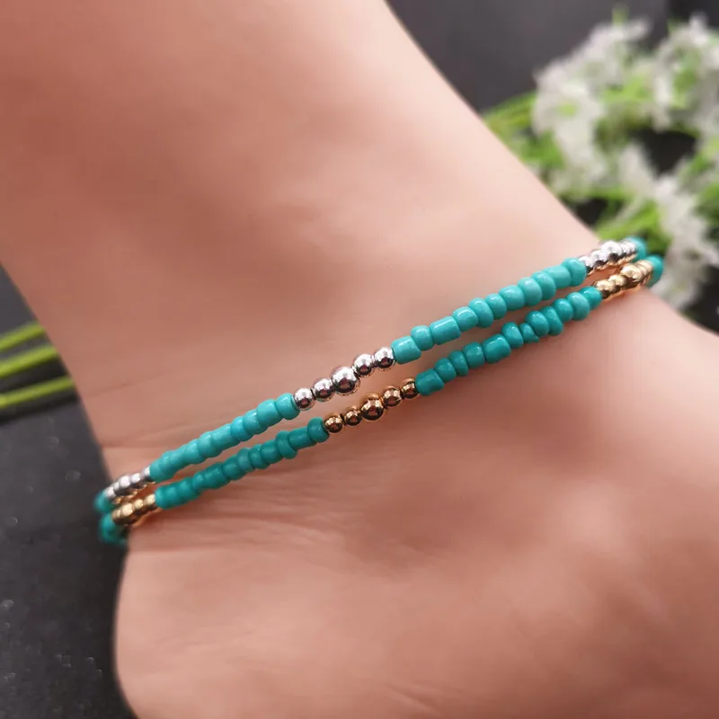 

JCYMONG Bohemian Style Simple Green Beads Anklets For Women Gold Silver Color Bead Ankle Bracelets on leg 2019 Fashion Jewelry
