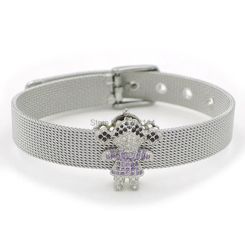 

6-8 Inches Adjustable Stainless Steel Bracelets With Buckling Charm Micro Pave Clear&Black&Purple CZ Girl Accessories