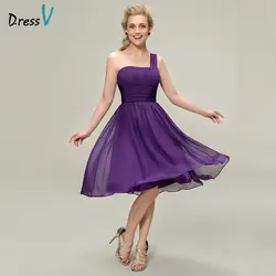Dressv фиолетовый платье подружки невесты на одно плечо по колено складки линии простой пользовательский Свадебная вечеринка платье для