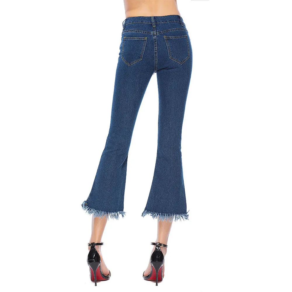 KLV/2018 Новый Для женщин брюки джинсовые Модные женские туфли узкие брюки-Клеш Джинсы стрейч Узкие штаны до середины икры Длина брюки