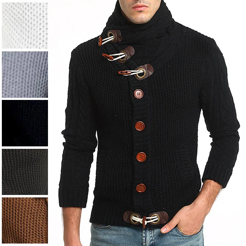 

Horn Button Mens Sweater Loose Fit Warm Knitting Clothes Choker Sweater Coats Men Autumn Winter Casual Cardigan Sweater Coat Men