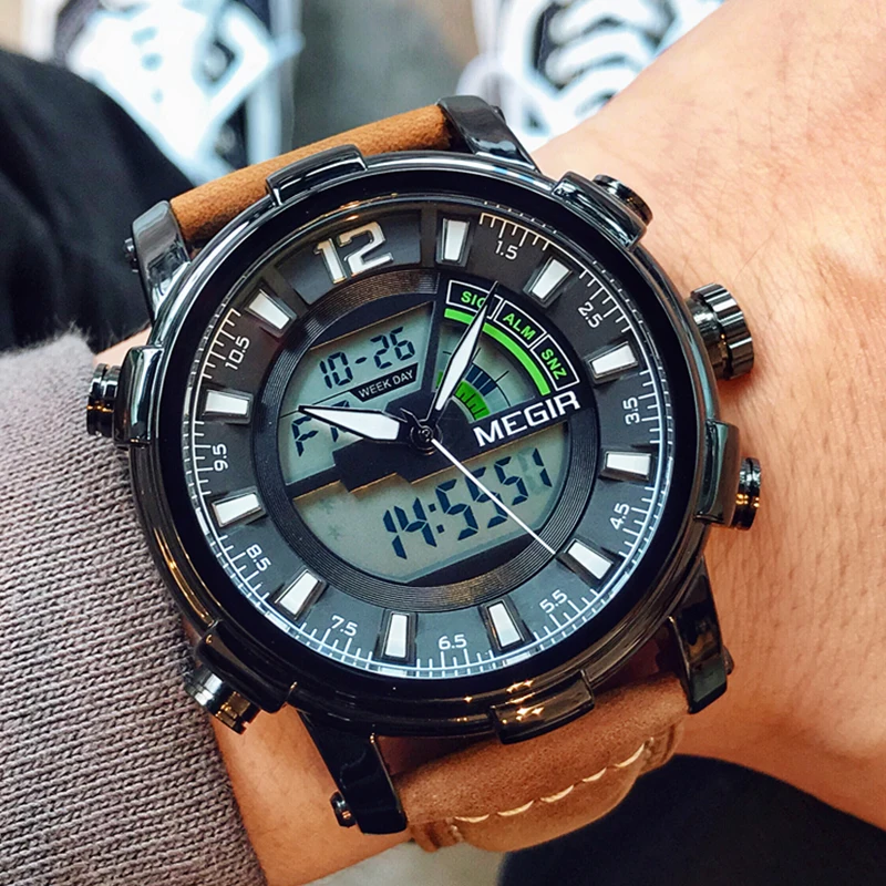  MEGIR Men's Digital Analog Quartz Wristwatches Dual Display Men Military Sport Watches Clock Hour R