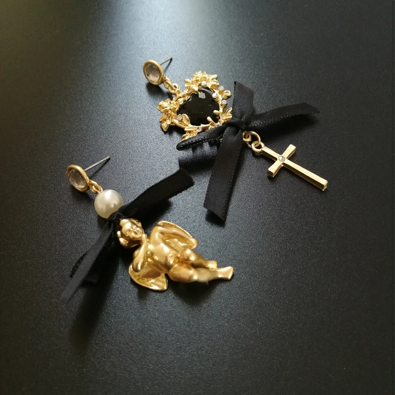 

Retro Baroque Angels Bow Pearl Cross Earring Dangle for Women Pendientes Cruz pearl cross earrings Prayer Jewelry