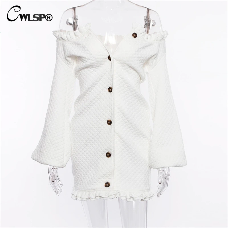 CWLSP blanco cuello largo linterna vestidos de manga volantes Mini vestido botones otoño vestido ropa de mujer invierno QL4209 CWLSP blanco cuello largo linterna vestidos de manga volantes Mini vestido botones otoño vestido ropa de mujer invierno QL4209