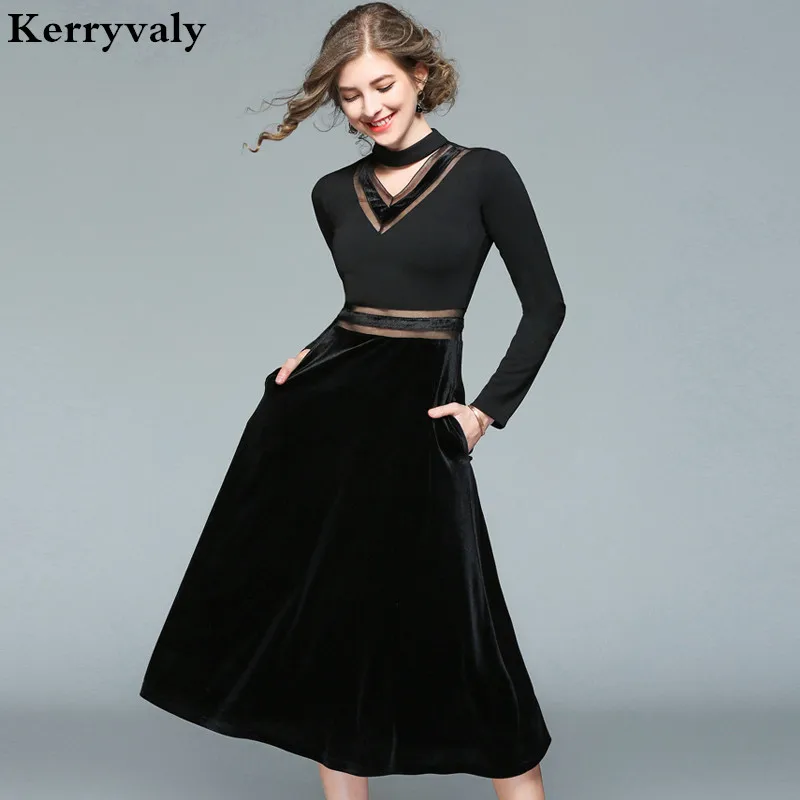 Robe Sexy Perspective Gauze Patchwork Velvet Dress Winter Dresses Women 2018 Black Office Chinese Dress Tunique Femme K8927