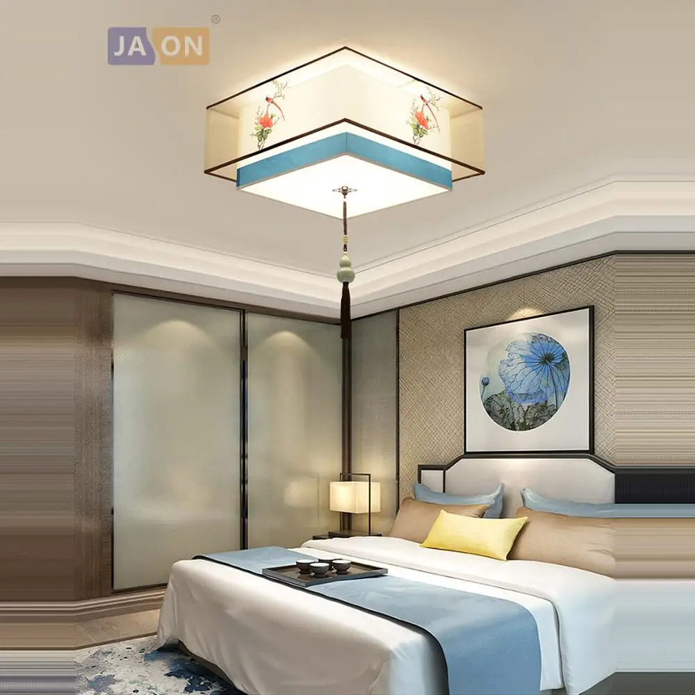 

led e27 New Chinese Iron Fabric Round Square Chandelier Chandelier Lighting Lamparas De Techo For Foyer