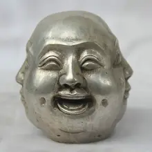 Китайский Буддизм Серебряный Happy смех крик сердитые 4 Уход за кожей лица Глава Статуя Будды украшения сада Настоящее Тибетский серебро латунь