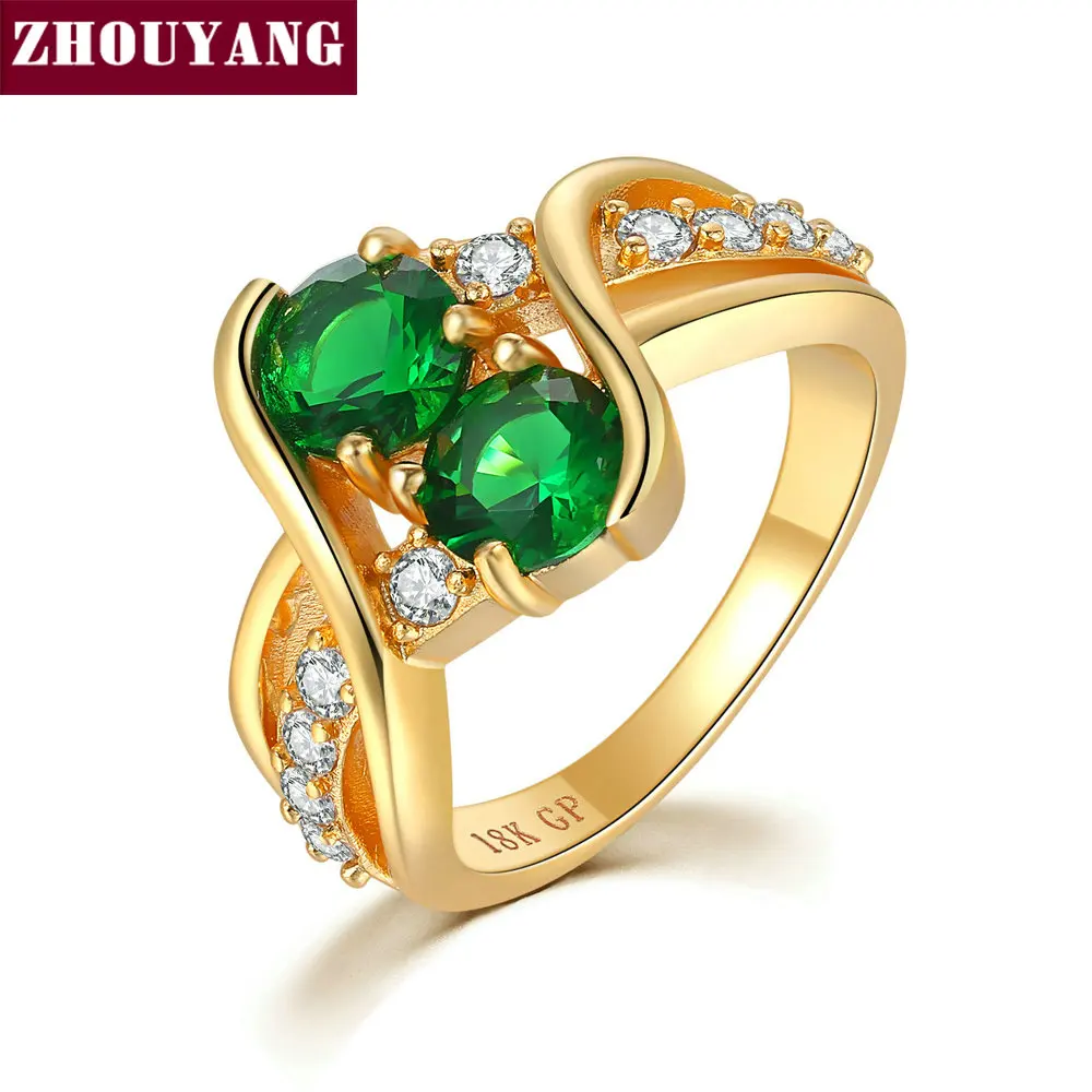 Кольца zhoyang женские с двойным камнем голубой зеленый фианит желтый золотой