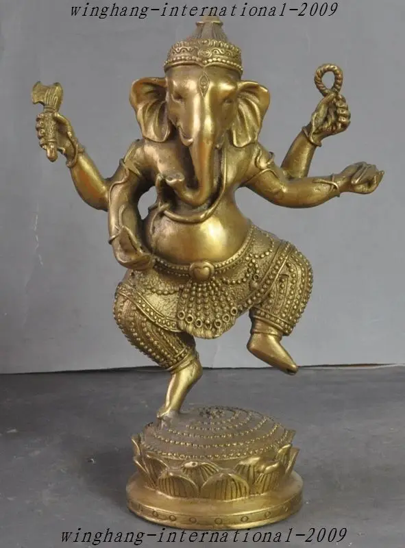 8/" Tibet Buddhism Fane Brass 4 Arms Elephant God Jambhala Ganesha Buddha Statue